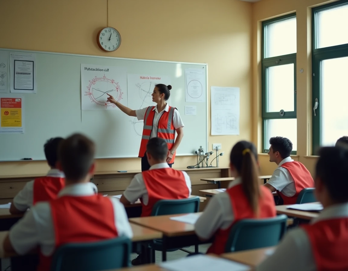 Formatrice expliquant les niveaux d'habilitation électrique à un groupe de stagiaires adultes dans une salle de formation professionnelle