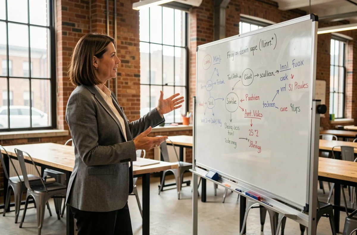 Formatrice expliquant des concepts pédagogiques devant un tableau blanc dans une salle d'atelier, illustrant l'adaptation des méthodes VAKOG en formation
