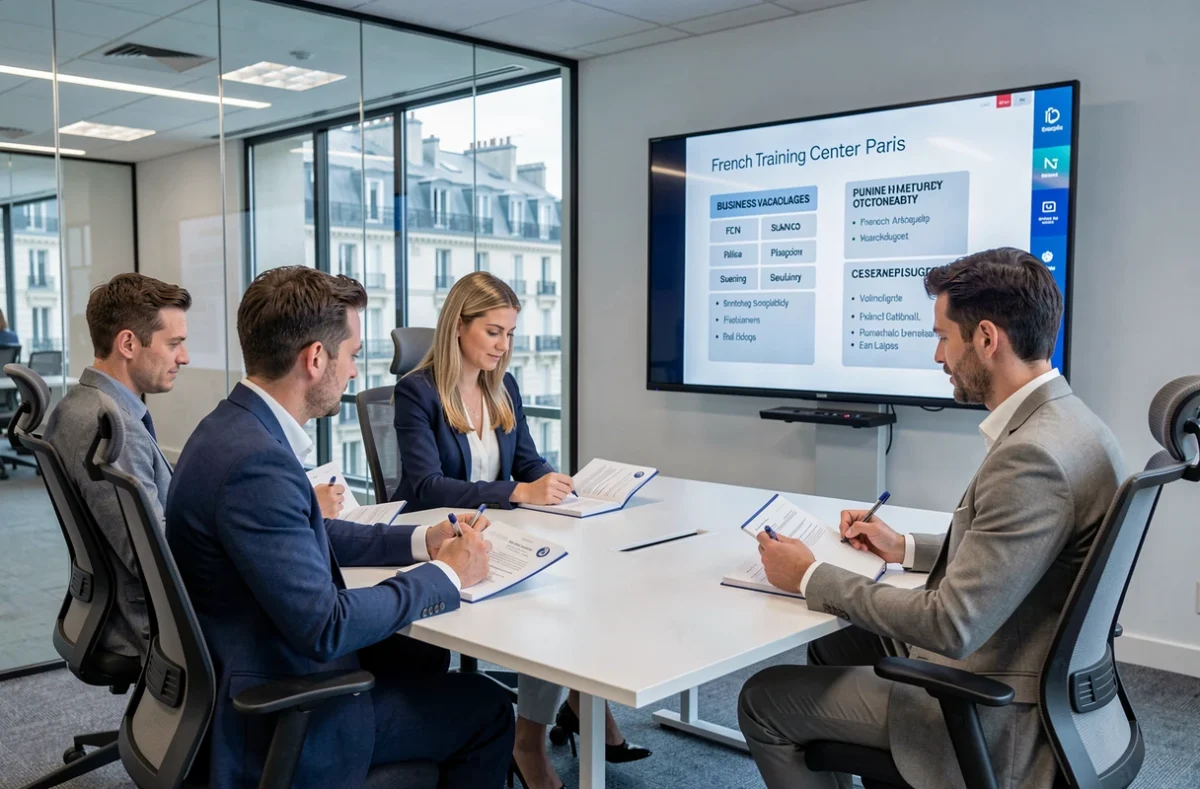 Session de formation en français pour professionnels au French Training Center Paris avec des adultes en tenue professionnelle prenant des notes devant un écran interactif