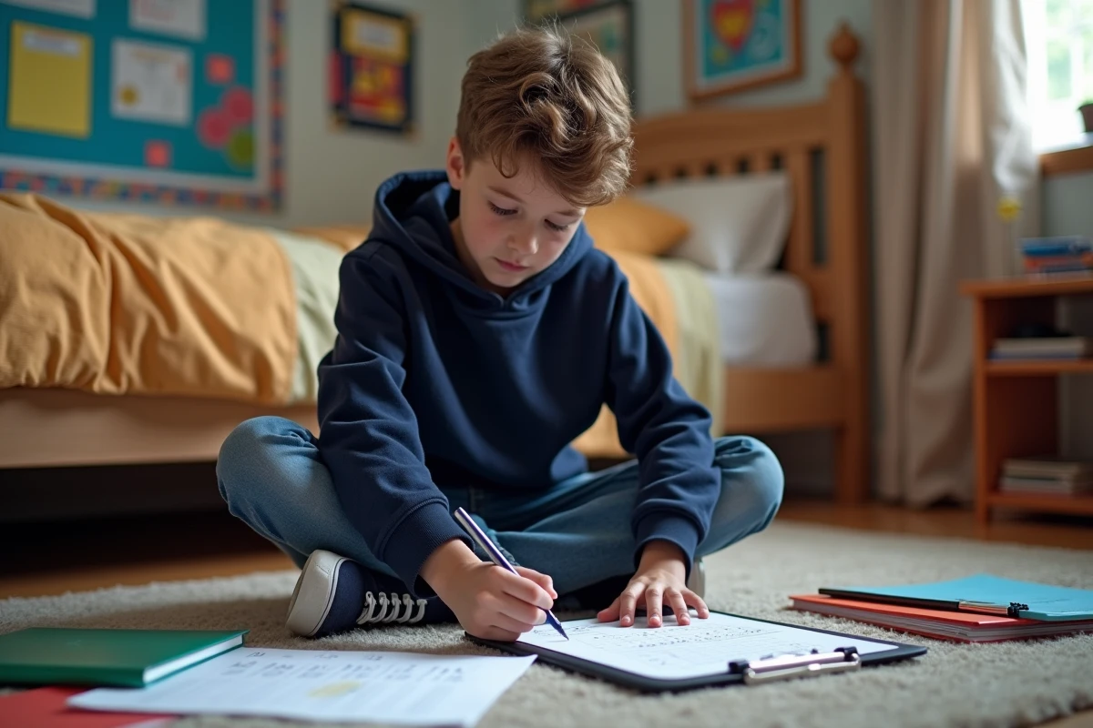 Gar&ccedil;on de 14 ans travaillant sur ses devoirs dans sa chambre