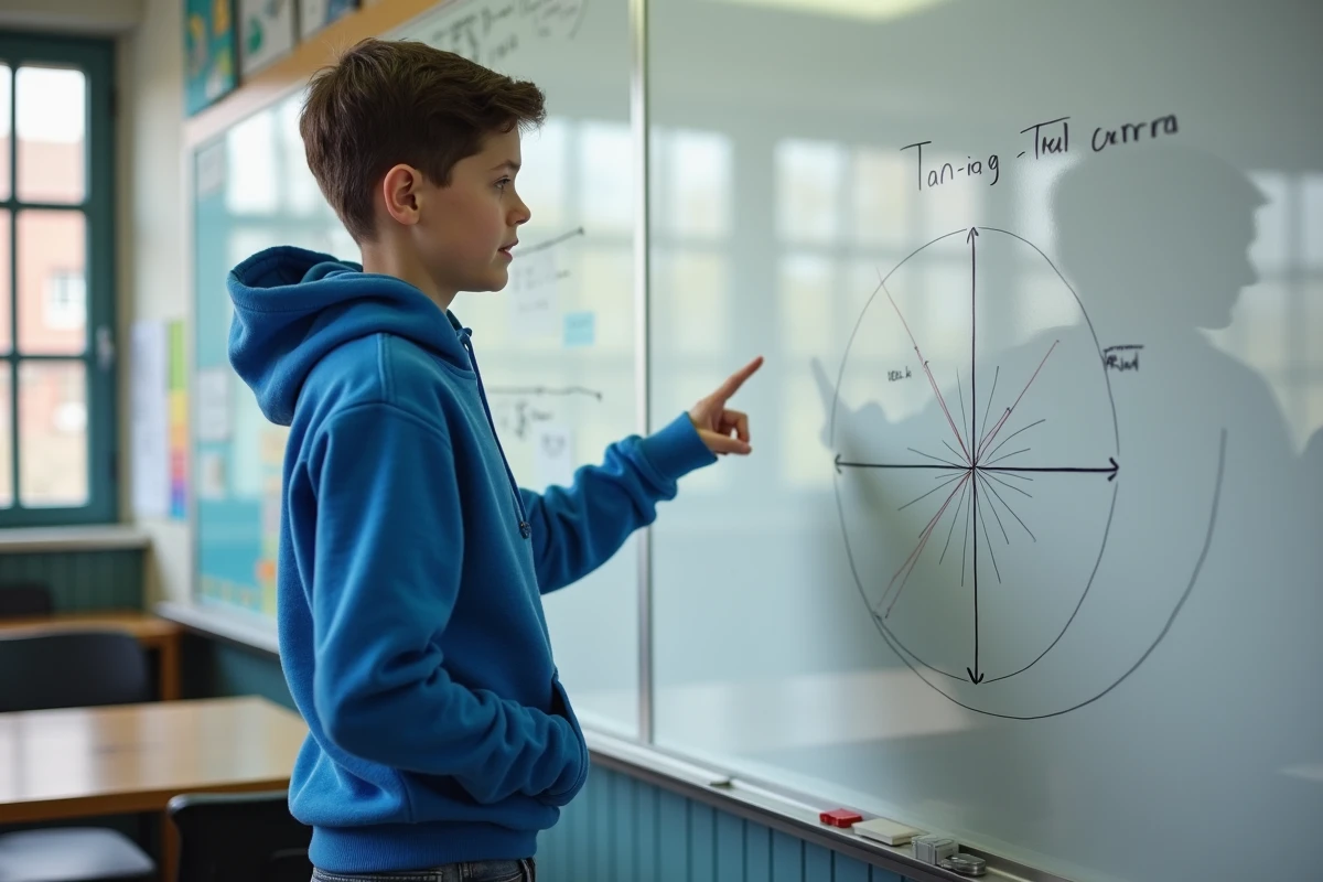 Gar&ccedil;on expliquant une tangente devant un tableau blanc