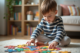Garçon curieux de six ans assemble un puzzle coloré dans le salon