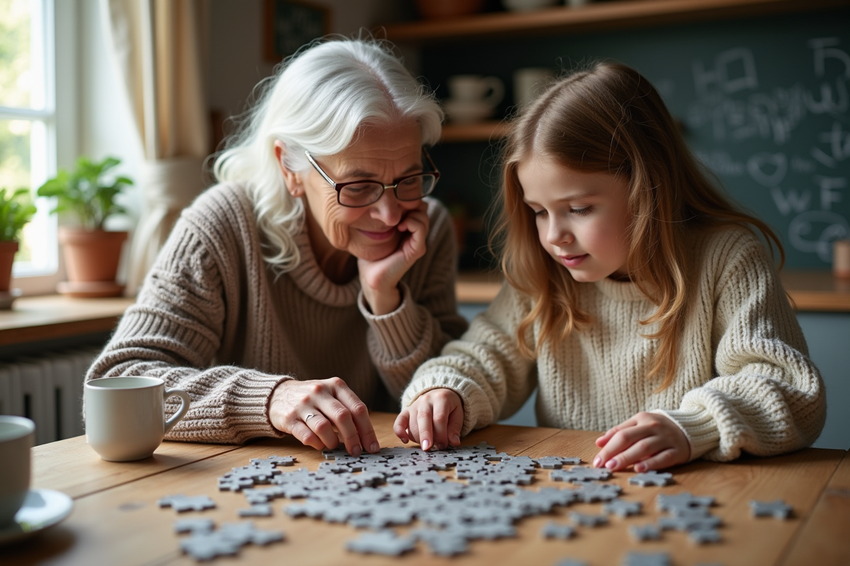Grand-mère et petite fille résolvent un puzzle à la cuisine