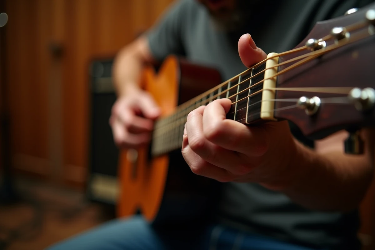 Gros plan des mains d'un guitariste jouant un arpège fingerpicking sur les cordes d'une guitare acoustique, technique douce inspirée de Let It Be