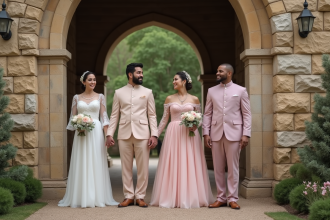 Groupe multiculturel de couples lors d'un mariage en extérieur