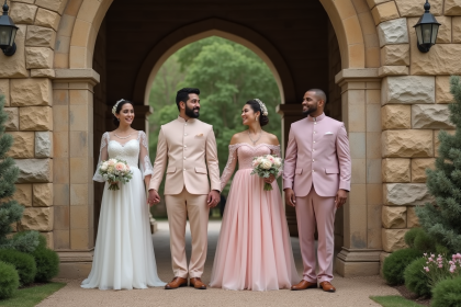 Groupe multiculturel de couples lors d'un mariage en extérieur