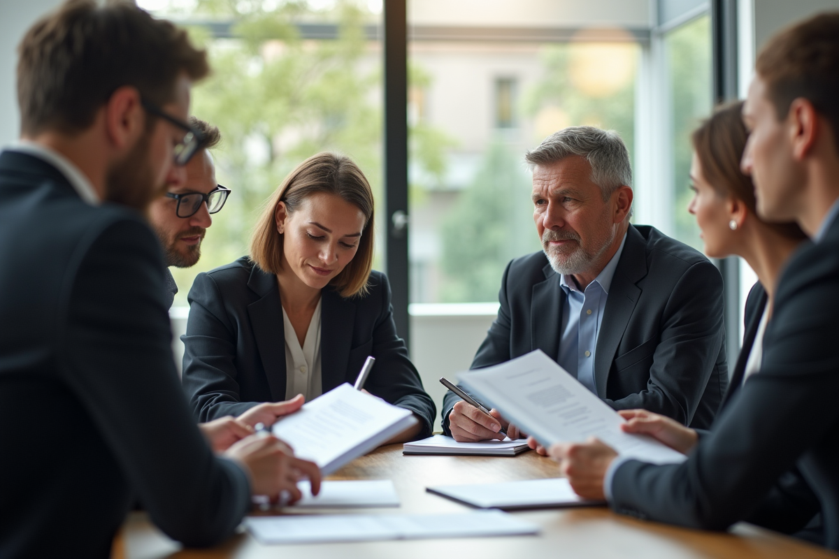 Groupe d'adultes en réunion d'affaires discutant de documents