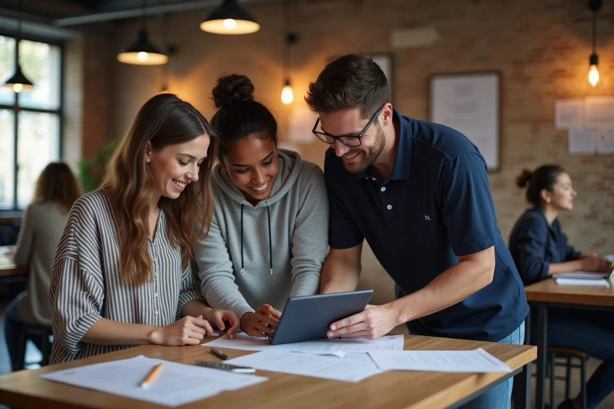 Groupe de jeunes alternants collaborant autour de documents dans un espace de coworking moderne