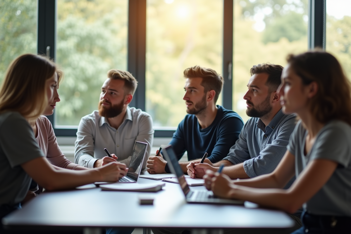 Groupe d'adultes en formation dans une salle lumineuse