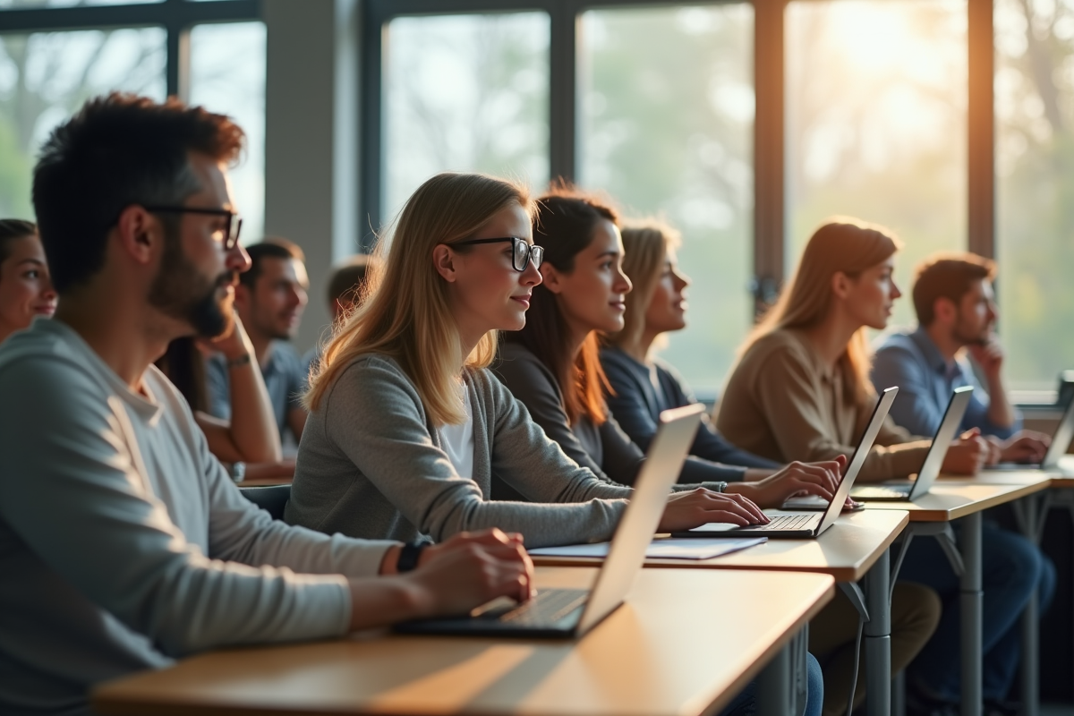 Groupe divers d'adultes en formation dans une salle lumineuse