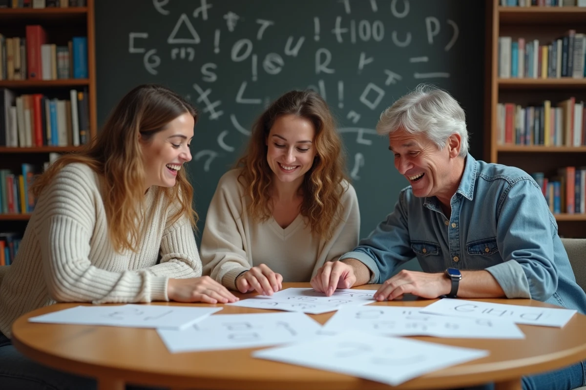 Groupe d'adultes participant à un atelier d'écriture ludique avec des exercices de ponctuation imprimés sur une table