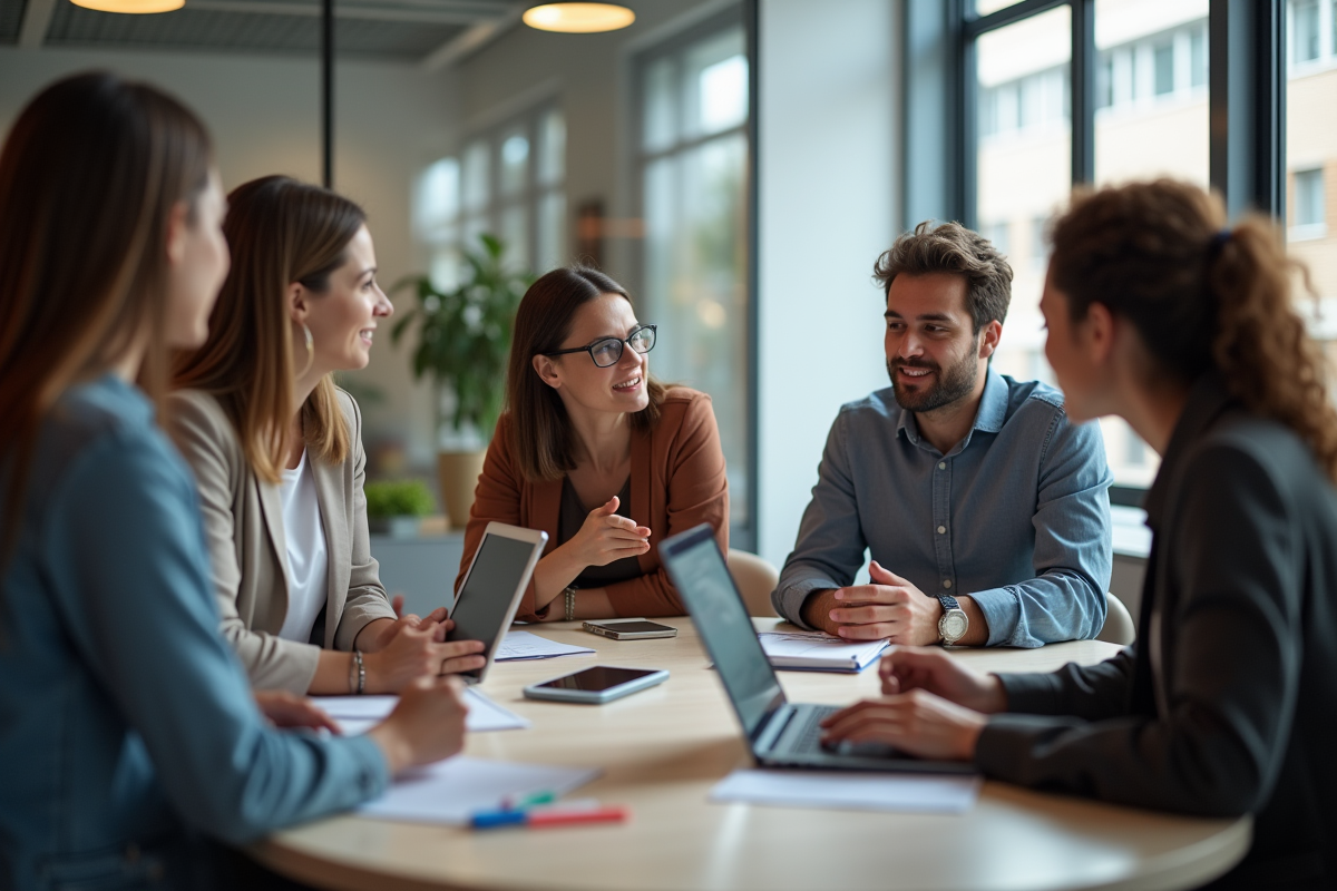 Groupe de collègues en discussion dans une salle lumineuse