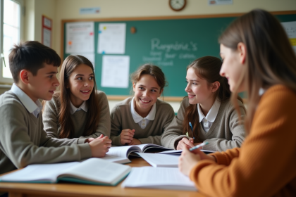 Jeunes étudiants en classe discutant autour d'une table