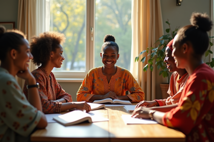 Groupe divers d'origines culturelles échangeant des idées autour d'une table