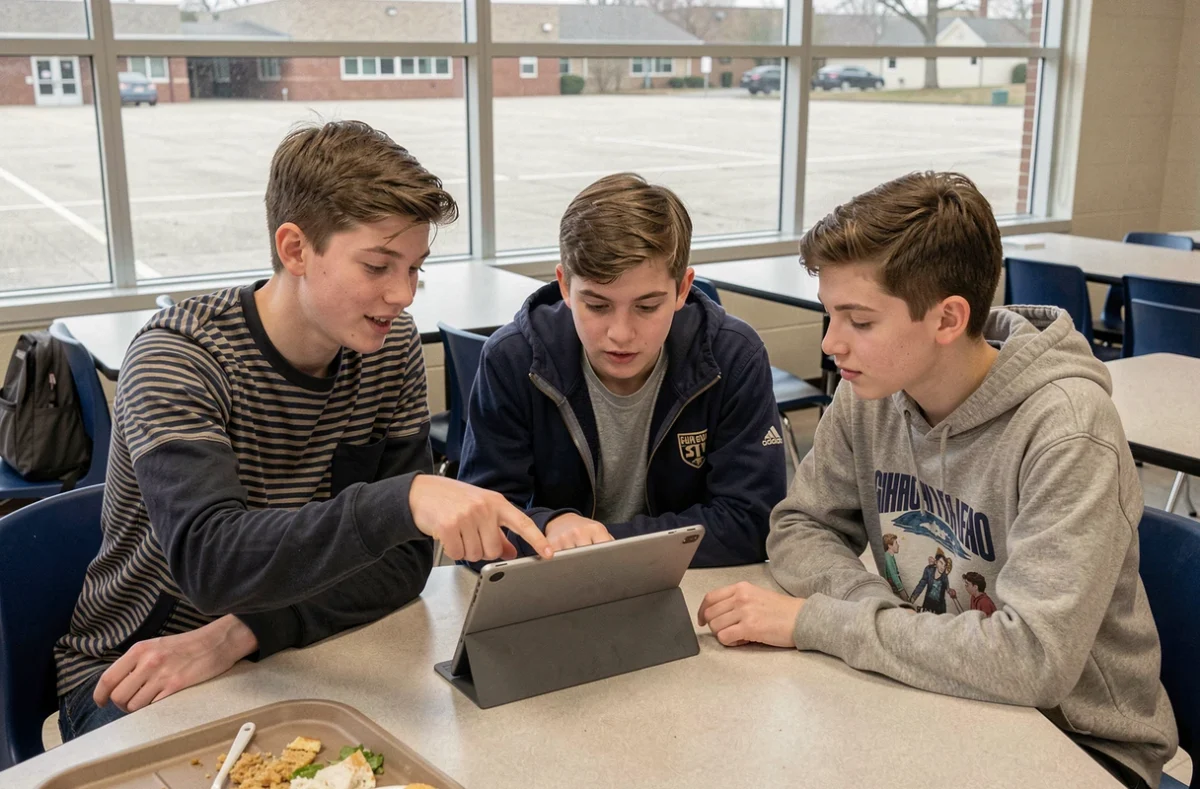 Groupe d'élèves consultant ensemble l'ENT Cholet sur une tablette dans une cafétéria scolaire