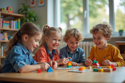 Enfants de 6 à 8 ans jouant avec des jouets éducatifs en classe