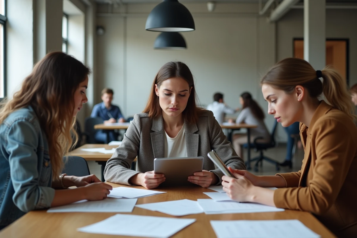 Groupe de candidats s'entraînant aux épreuves psychotechniques 2026 dans un espace de co-working moderne avec tablettes et fiches imprimées