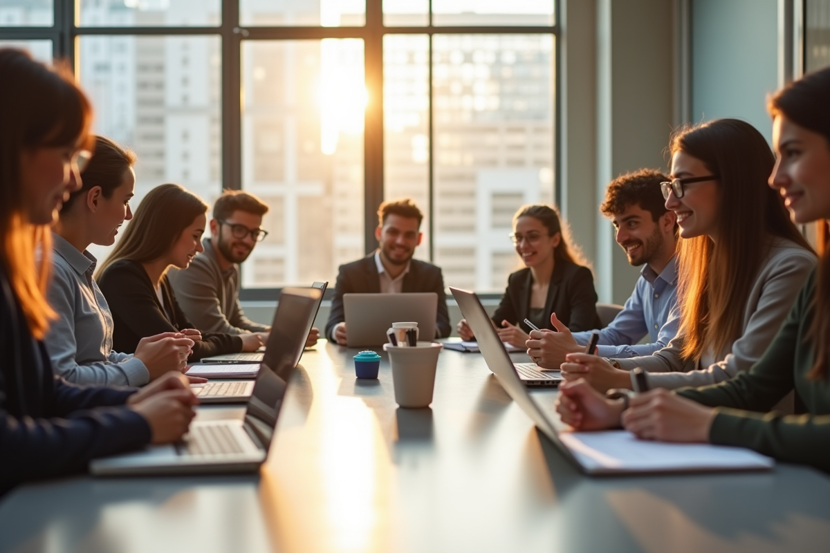 Groupe d'étudiants en discussion dans une salle lumineuse