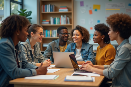 Groupe d'&eacute;tudiants en discussion dans une salle de classe moderne
