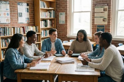 Groupe de jeunes adultes discutant autour d'une table en classe