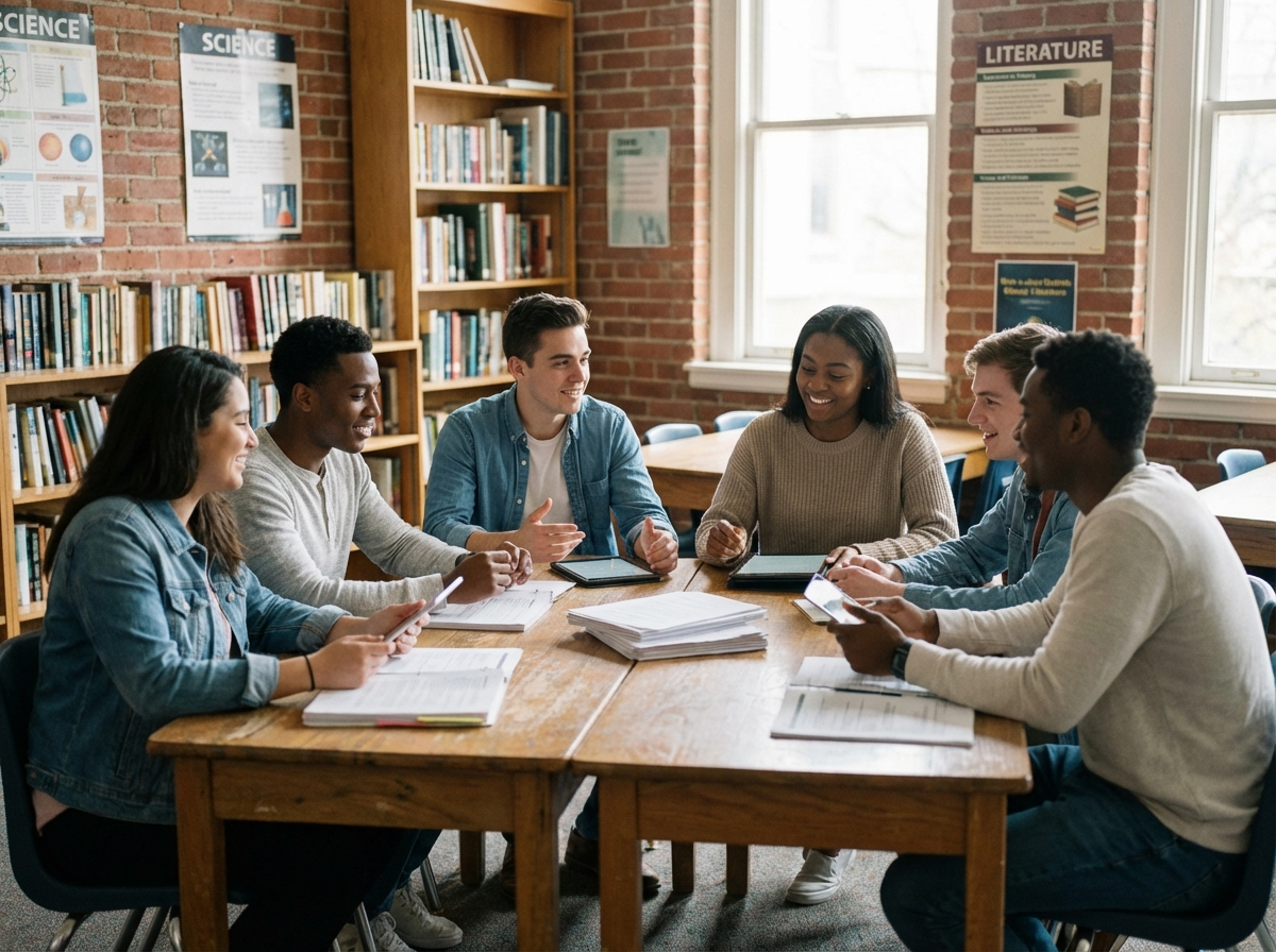 Groupe de jeunes adultes discutant autour d'une table en classe