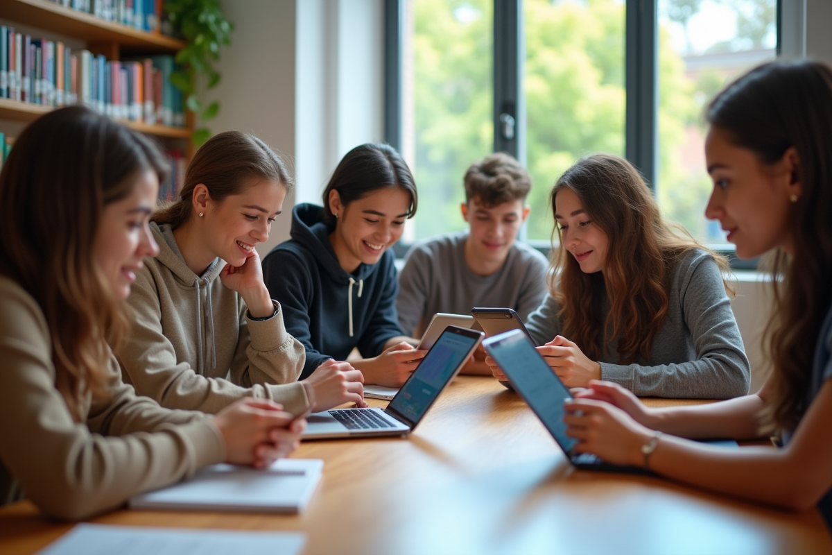 Groupe de jeunes adultes dans une bibliothèque lumineuse utilisant des smartphones
