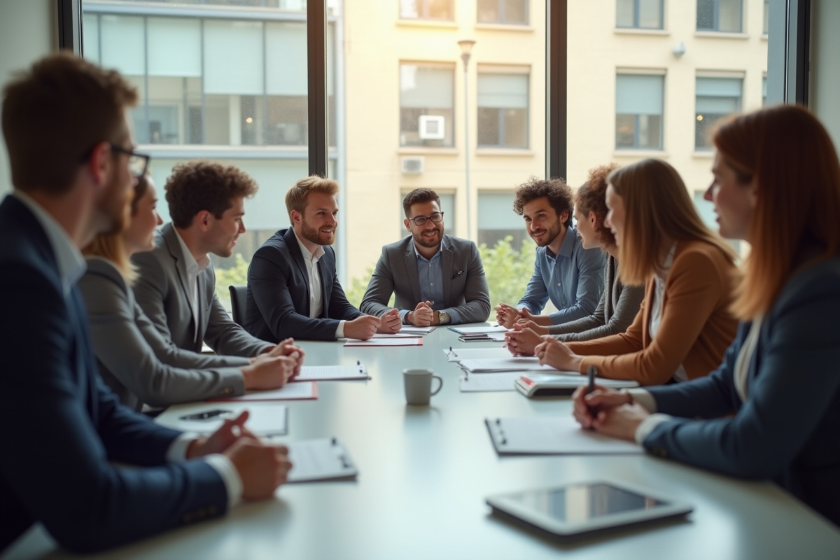 Groupe de jeunes professionnels en réunion dans un bureau lumineux