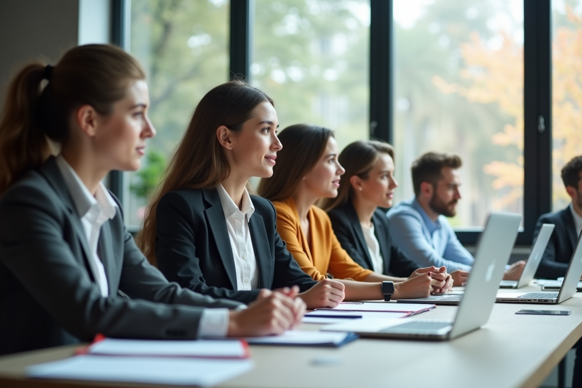 Groupe de jeunes professionnels en formation finance en lumière naturelle