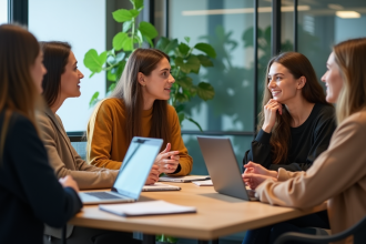 Groupe de jeunes professionnels en réunion dans un bureau moderne