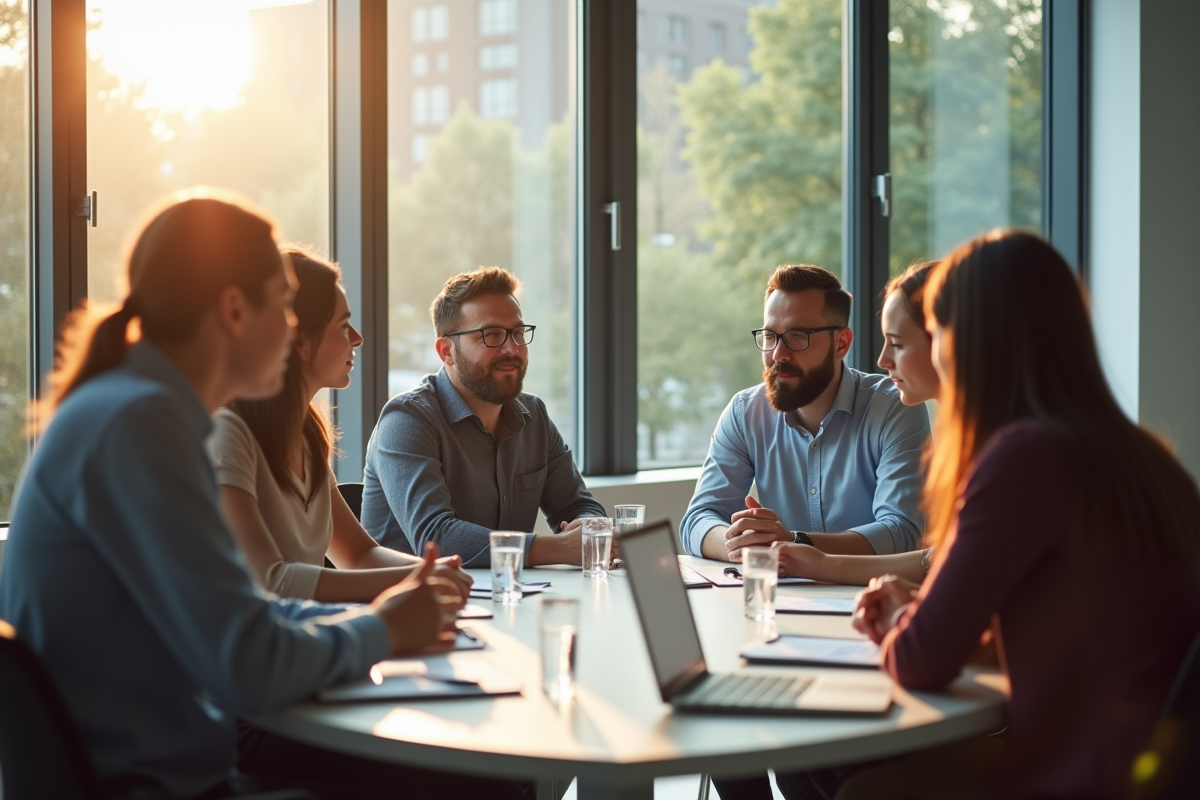 Groupe de professionnels en réunion dans un bureau lumineux