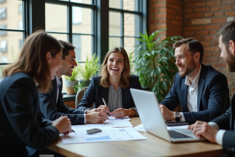 Groupe de professionnels en réunion dans un espace coworking moderne