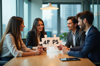 Groupe de professionnels autour d'un puzzle marketing