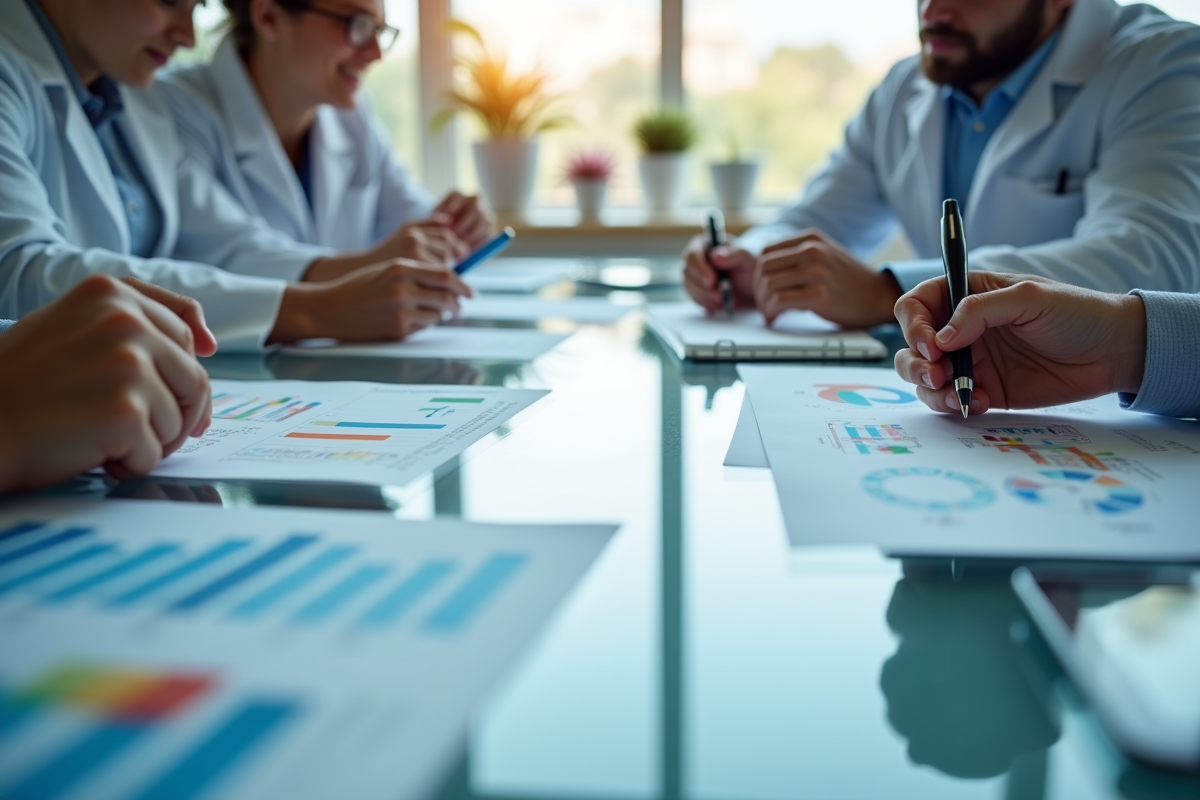 Groupe de scientifiques collaborant dans un laboratoire lumineux