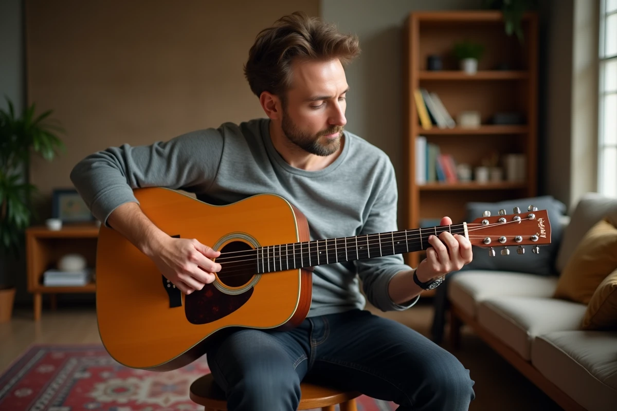 Guitariste jouant un arpège sur une guitare acoustique dans un salon chaleureux, illustrant la technique d'accompagnement doux de Let It Be