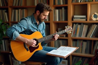 Guitariste adulte jouant une guitare acoustique en lisant une tablature manuscrite sur un pupitre dans un studio maison chaleureux