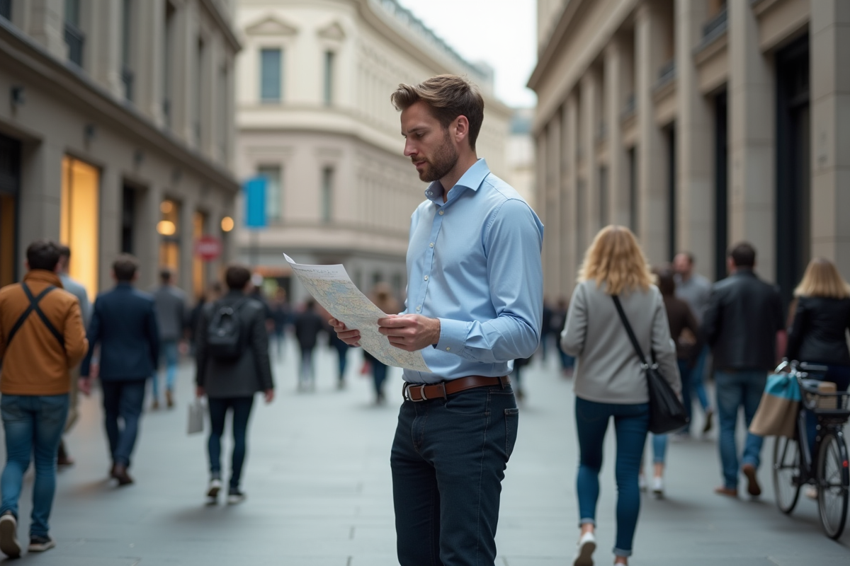Homme regardant une carte dans une rue animée de la ville