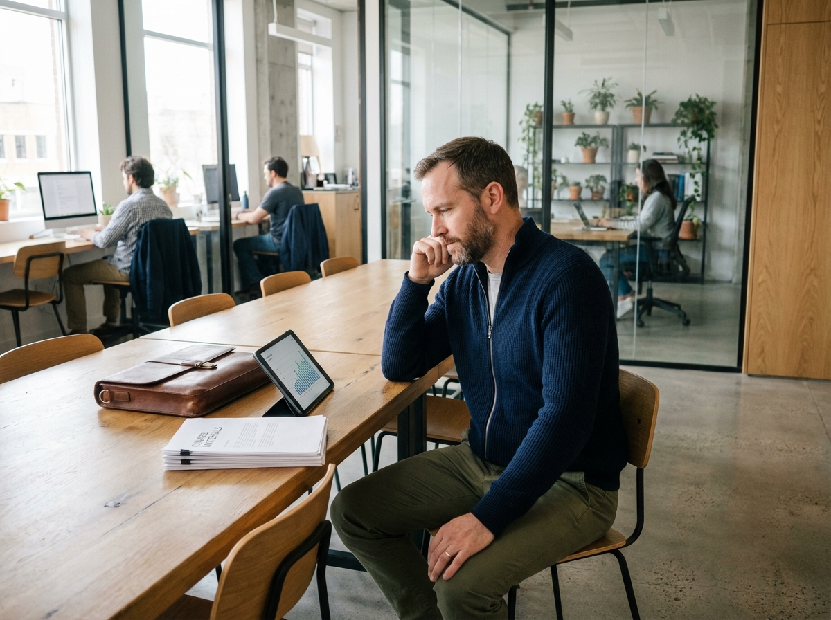 Homme dans espace de coworking avec tablette et documents