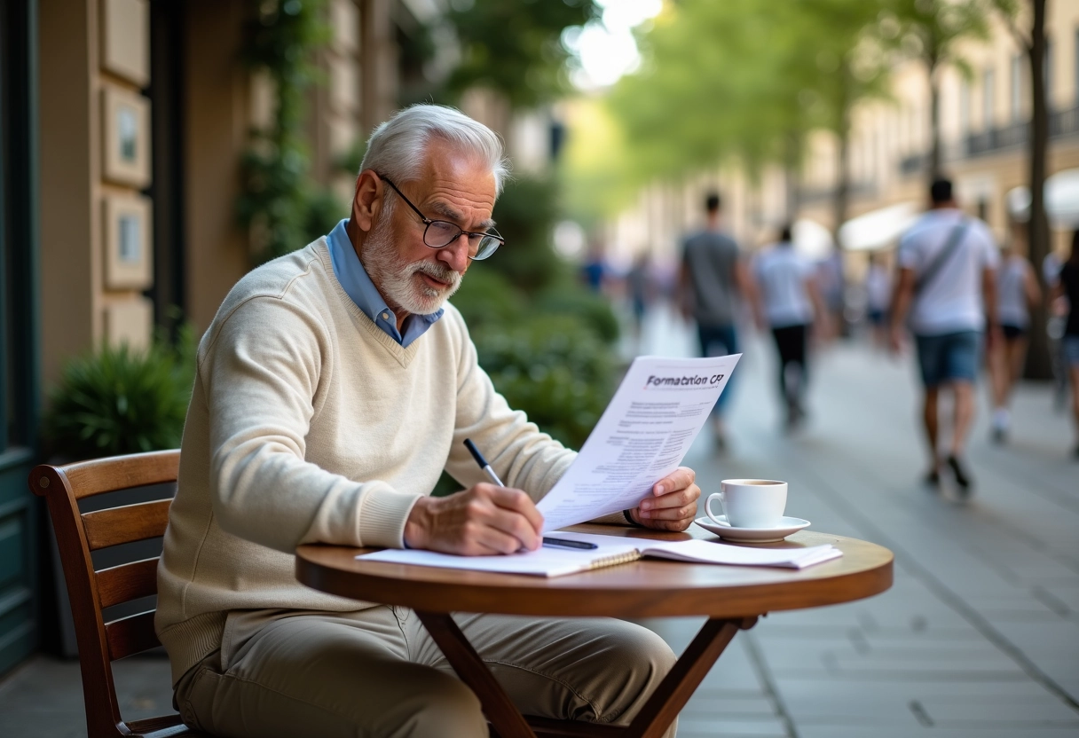Homme senior lisant un document formation CPF en extérieur