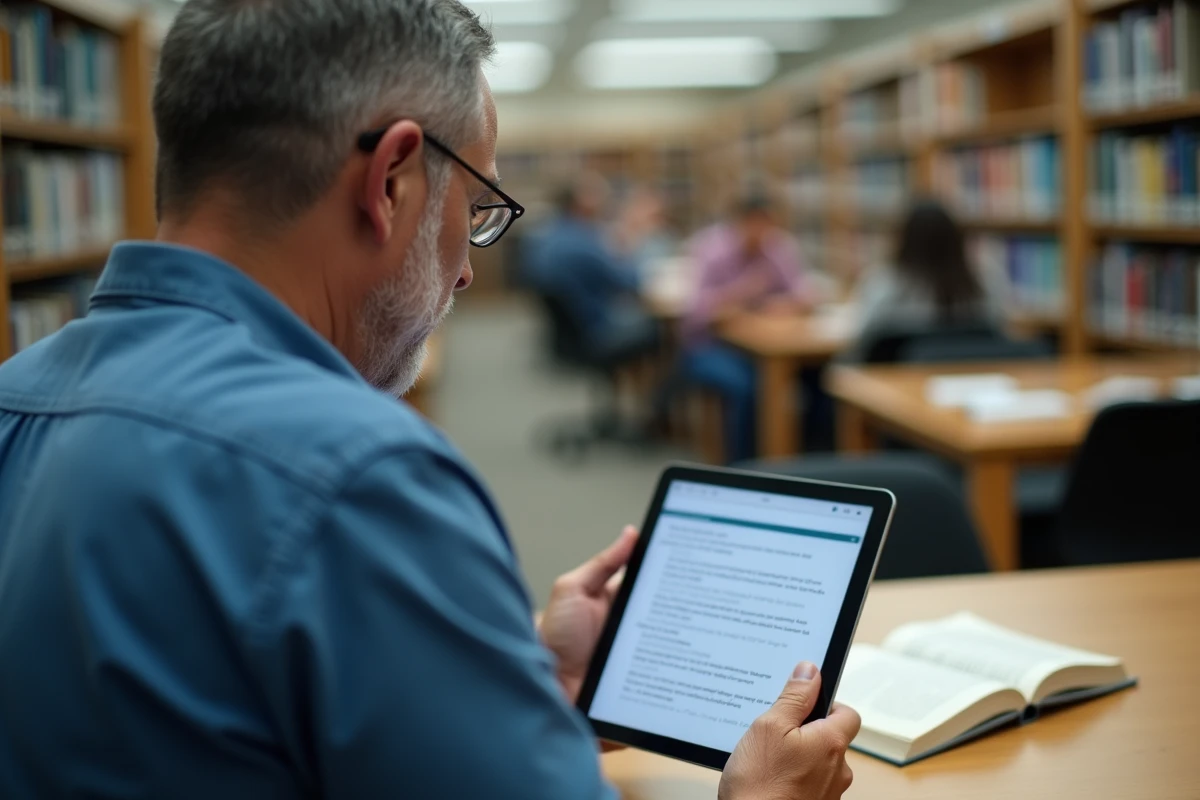 Homme lisant des conseils de grammaire à la bibliothèque
