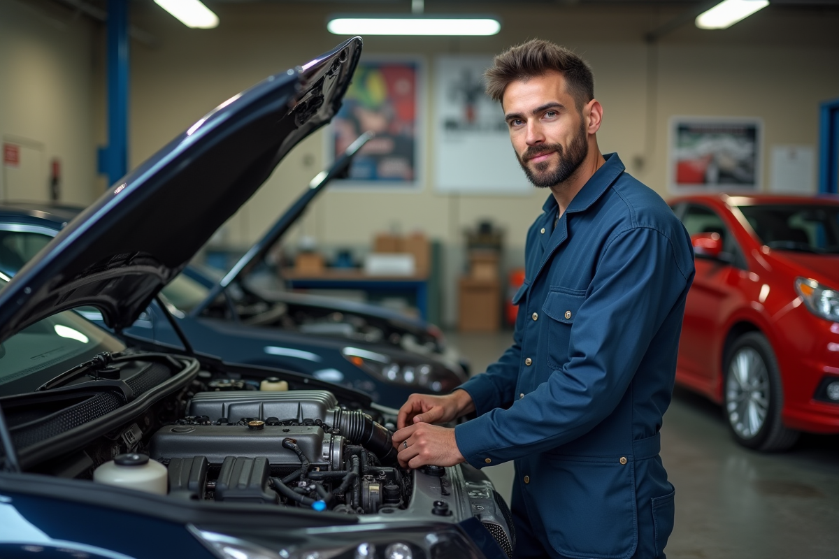 Jeune homme en uniforme réparant un moteur de voiture