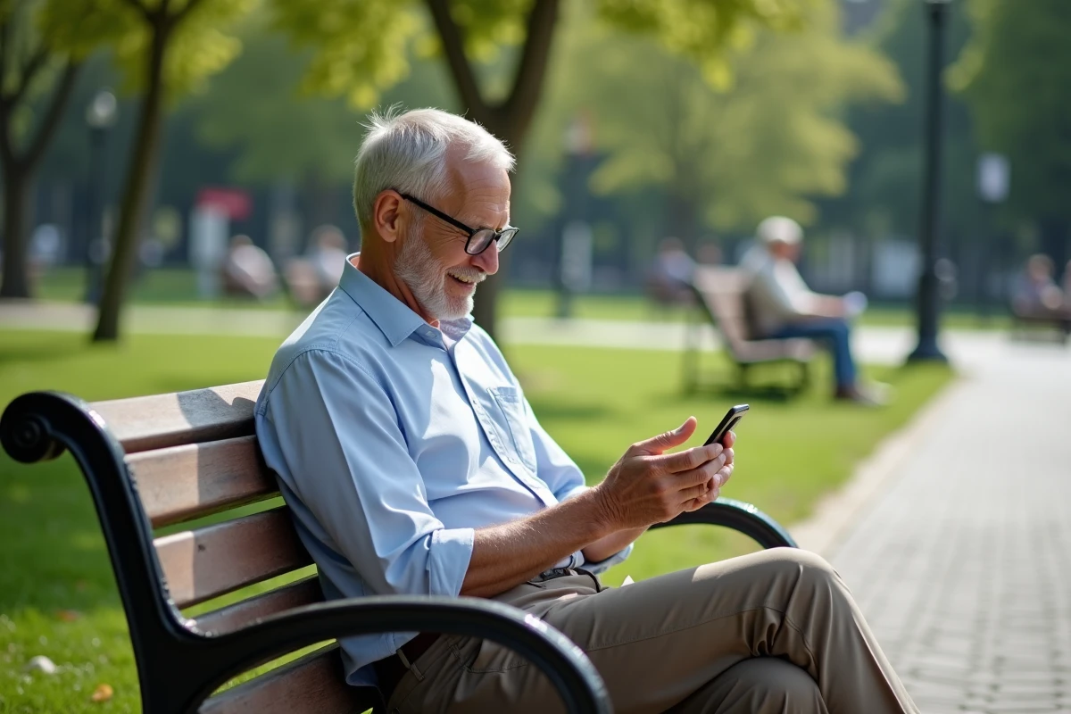 Homme &acirc;g&eacute; utilisant son mobile dans un parc urbain