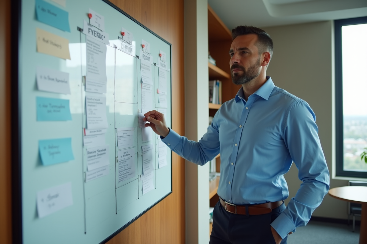 Homme ajustant une note sur un tableau de planning dans un bureau