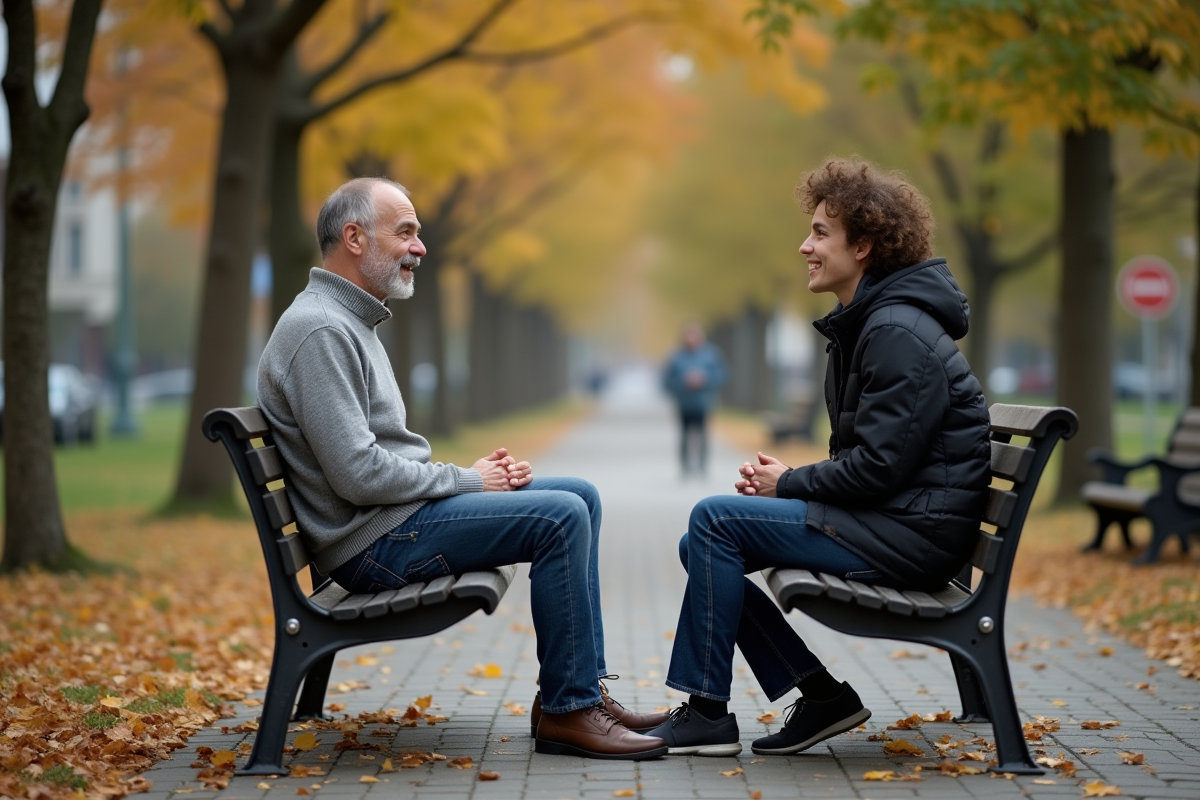 Homme en sweater discutant dans un parc en automne