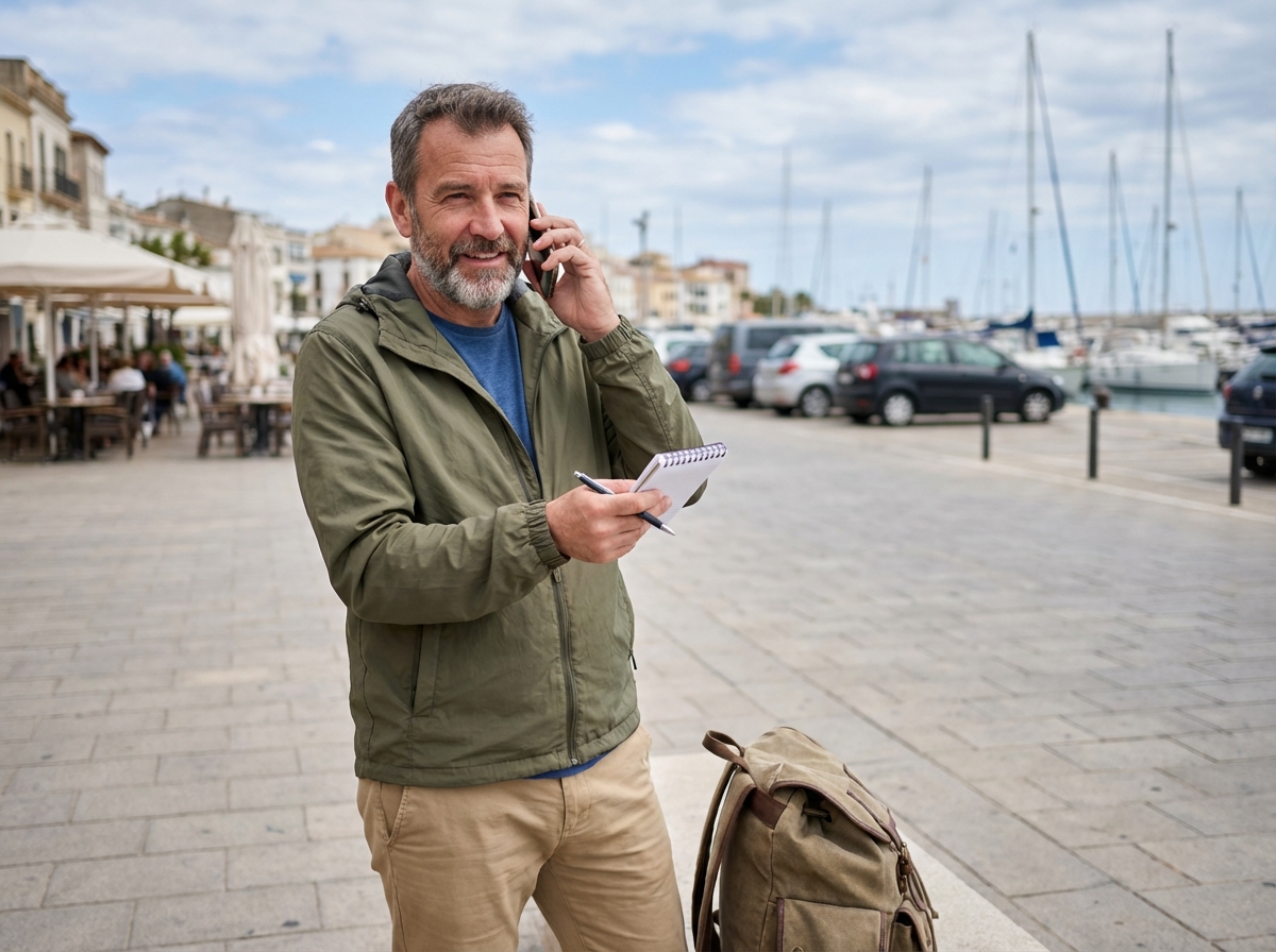 Homme parlant au smartphone sur la promenade côtière