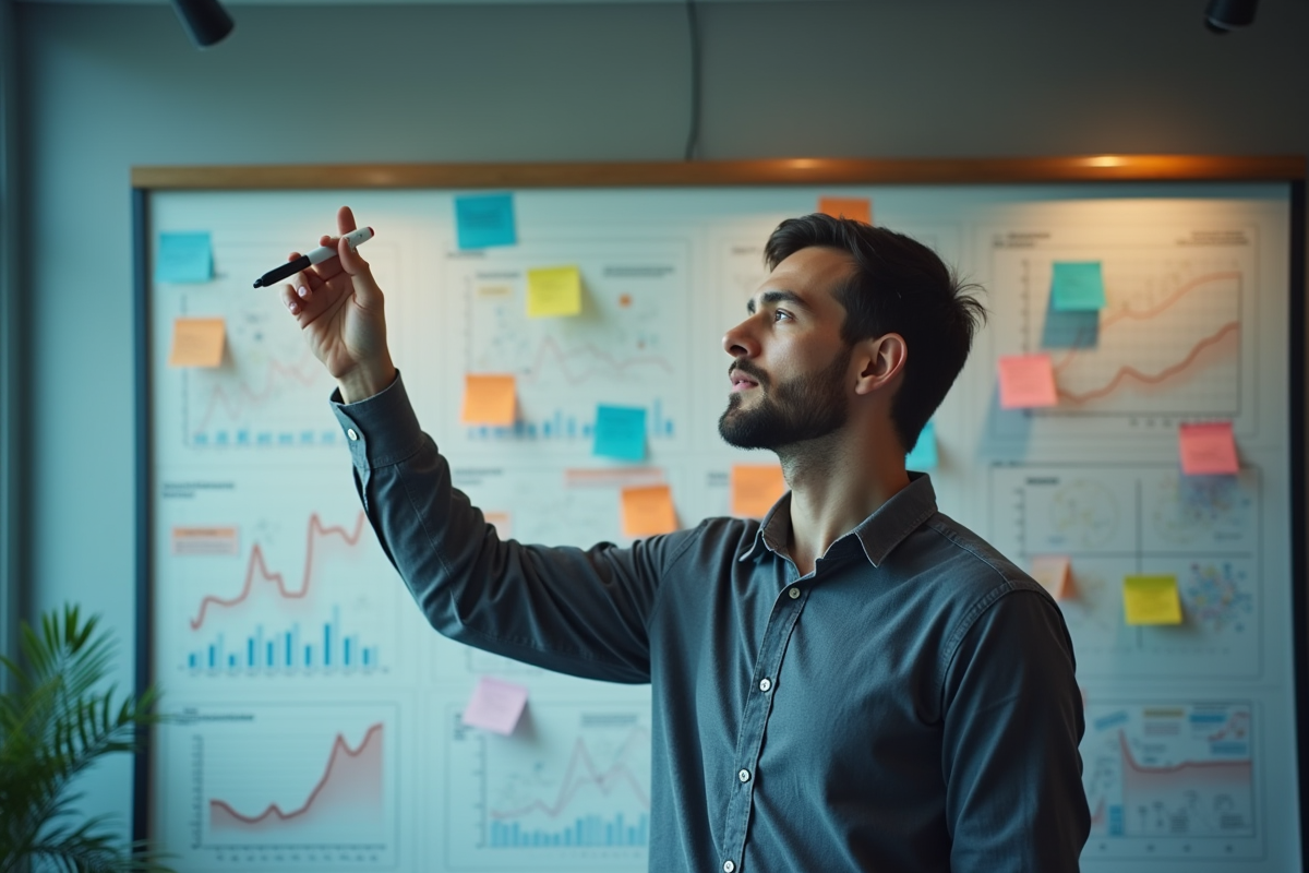 Homme expliquant des graphiques sur un tableau blanc avec postit colorés