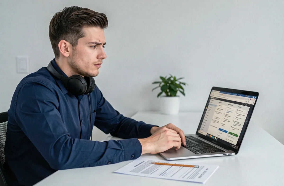 Homme passant une simulation de TOEIC en ligne sur ordinateur portable avec feuille de réponses imprimée à domicile