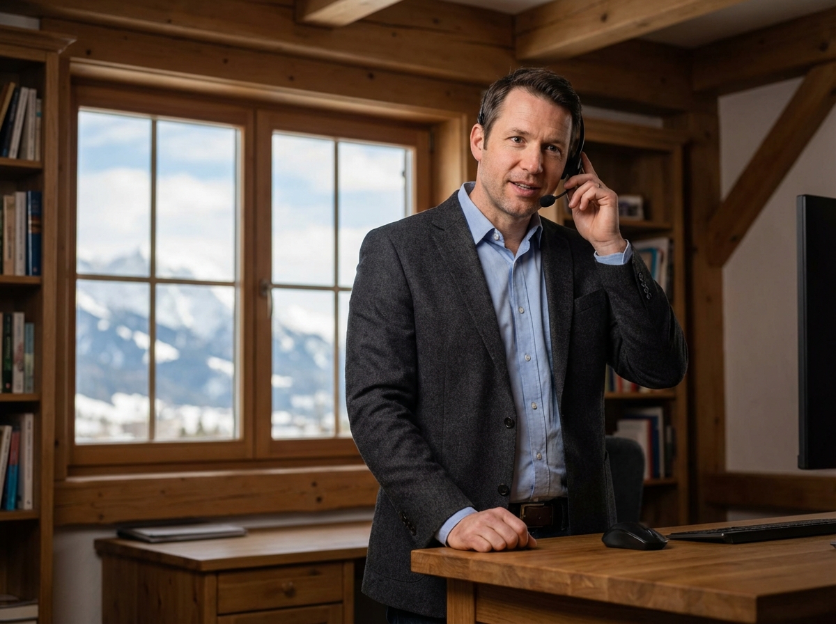 Homme en visioconference dans un bureau avec vue montagne