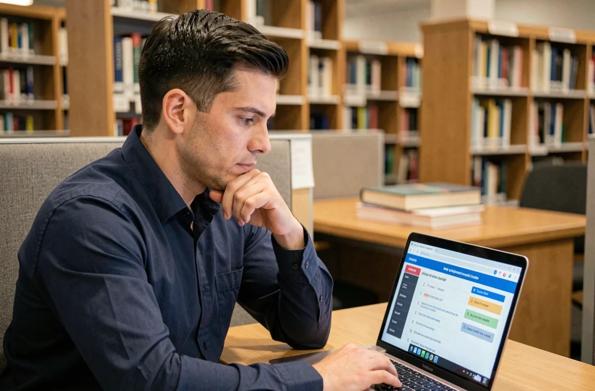Homme adulte passant un test de QI en ligne sur un ordinateur portable dans une bibliothèque moderne