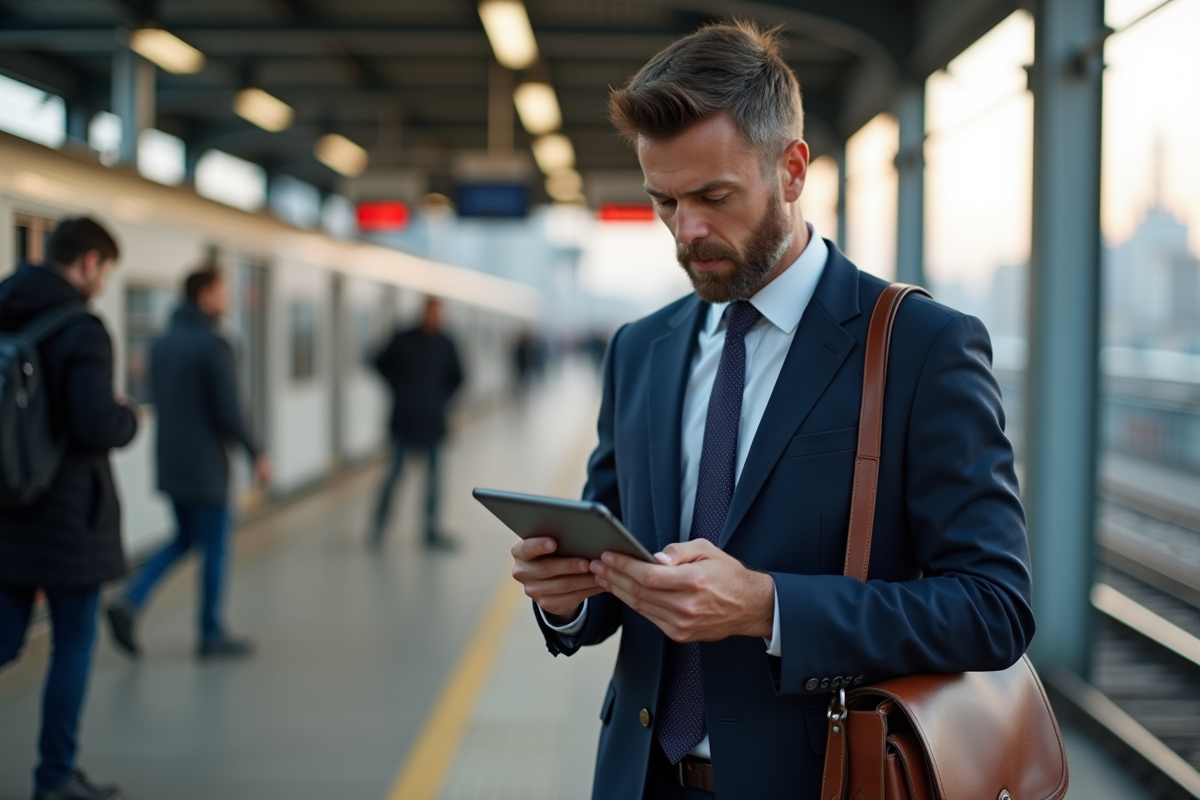 Homme en costume lisant une tablette sur une plateforme de train