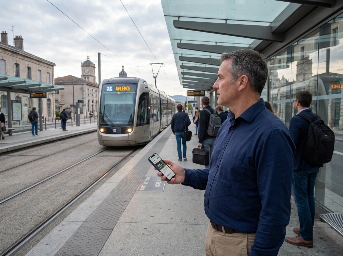 Homme regardant son smartphone à un arrêt de tram à Valence